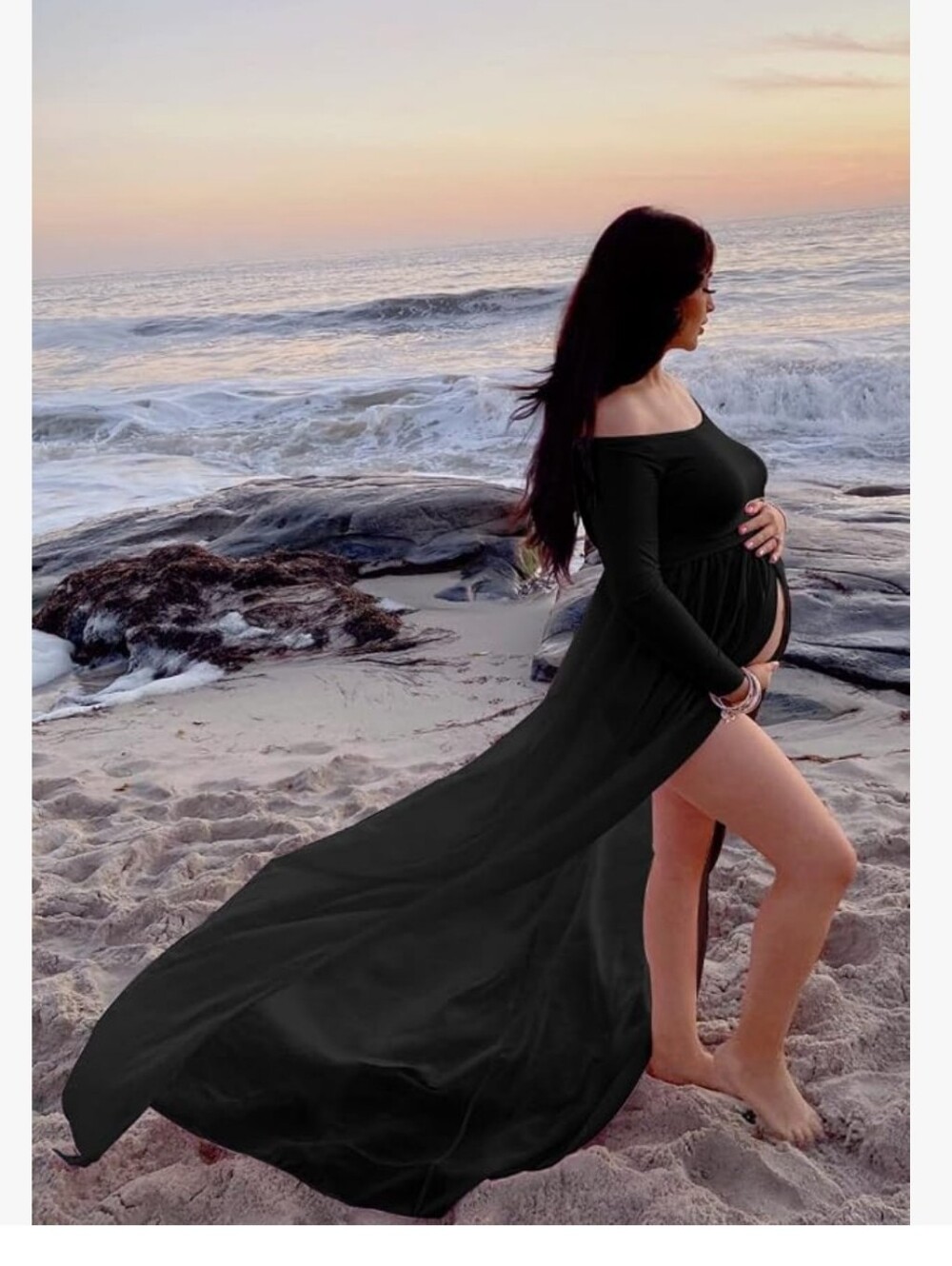 Mommy Jennie Maternity Dress Off Shoulder Long Sleeve Split Front Chiffon Gown.